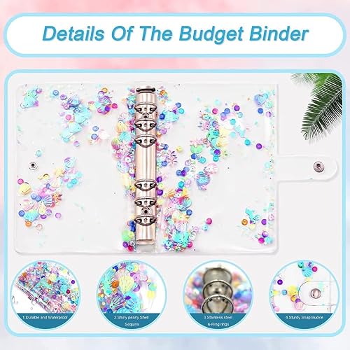 Cash Envelopes for Budgeting Saving, A6 Glitter Budget Binder with Zipper, Sheets