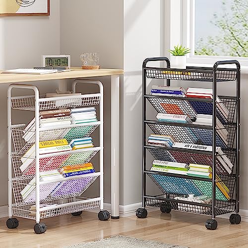 ZHDLdpUS Mobile Rolling Book Cart Shelf Organizer with Wheels - Black Metal Compact Desk Storage Trolley for Narrow Spaces, Ideal for Magazine Rack and Di