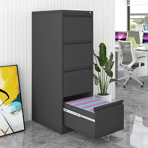 Uneeruiqy 4 Drawer File Cabinet, Heavy Duty Vertical Filing Cabinets with Lock, Metal Steel Storage Cabinet for Office and Home, Assembly Required, Black