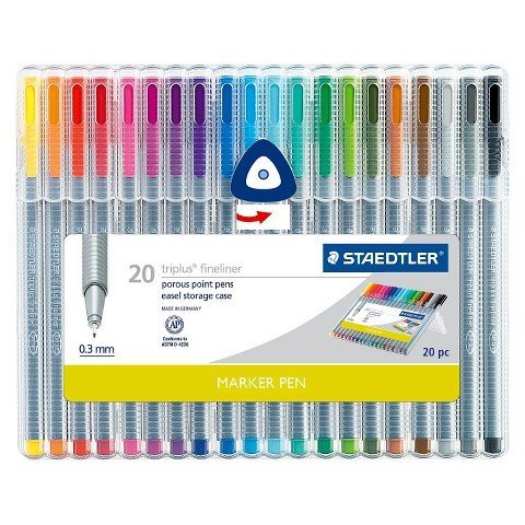Staedtler Triplus Fineliner Porous Point Marker Pens Easel Storage Case 0.3mm Assorted Colors (20 Count)