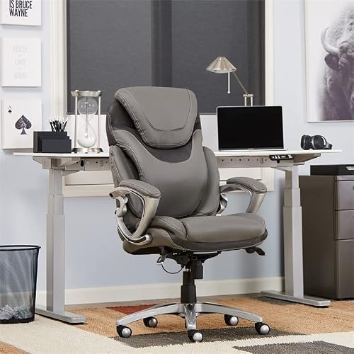 Scranton & Co Faux Leather Executive Office Chair, Gray Finish, AIR Technology Lumbar Support, Ergonomic Design with Adjustable Height and Tilt, Padded Armrests and Headrest, Office Desk Chair