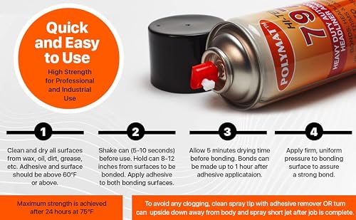 6 Cans (13oz net/can): Polymat 797 Hi-Temp Spray Glue Adhesive: Industrial Grade High Temperature Glue, Heat and Water Resistant for Headliner, Marine, Golf Cart and Other Applications