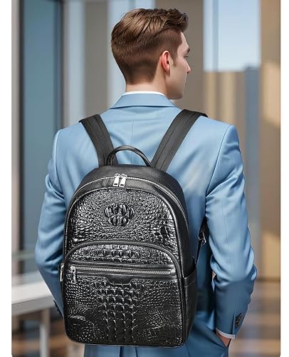 seegeeneey Genuine Leather Backpack Purse,Satchel for Men 15'' Laptop Bag Briefcase Handbag Tote Travel Bag Crocodile (Black 1:with draw-bar strap)