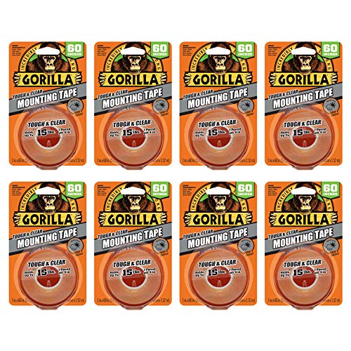 Gorilla Tough & Clear, Double Sided Mounting Tape, Weatherproof, 1" x 60", Clear, (Pack of 8)