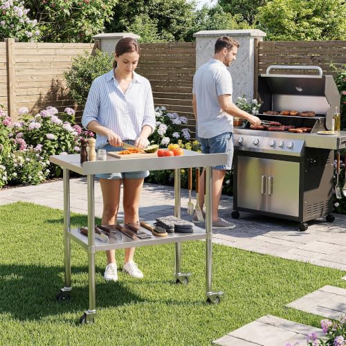 Garvee Stainless Steel Table with Wheels, 30x24 Inch Heavy Duty Prep Table