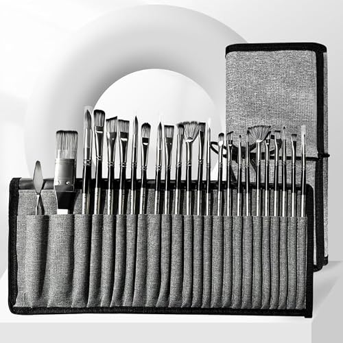 BXFIRS 24-Piece Set of Paintbrushes Nylon Oil Paint Brushes Canvas Brush Cover Wooden