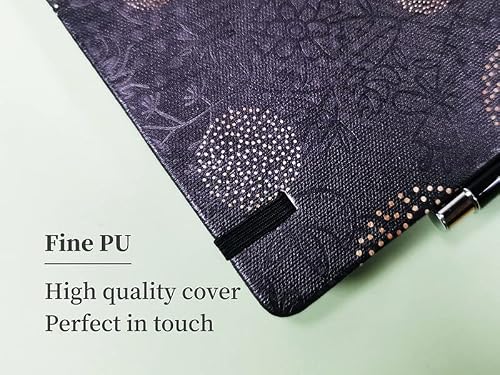 QERTYHJK A5 Dot Grid Notebook Black Floral Hard Cover 160gsm Thick Journal Elastic Band Expandable Pocket Travel Planner