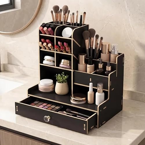 GHCUHJ Natural Bamboo Desk Organizer, Multi-Compartment Storage Caddy with Drawer, Desktop Organizer for Office Supplies, Makeup, Stationery, Home & Office Use