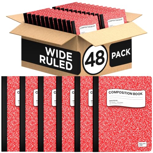 Composition Notebook Wide Ruled Composition Notebooks Bulk Red Marble Hard Cover Wide Ruled Notebook Paper Note Books For Schools Marble Composition Books 100 Sheets 200 Pages 9.75” x 7.25” (48 Pack, Red)