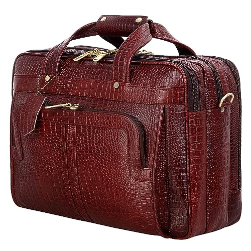 Full Grain Leather 16 Inch Briefcases Laptop Shoulder Bags for Men and Women Business Work Bag Leather Satchel Bag (Croc Brown)