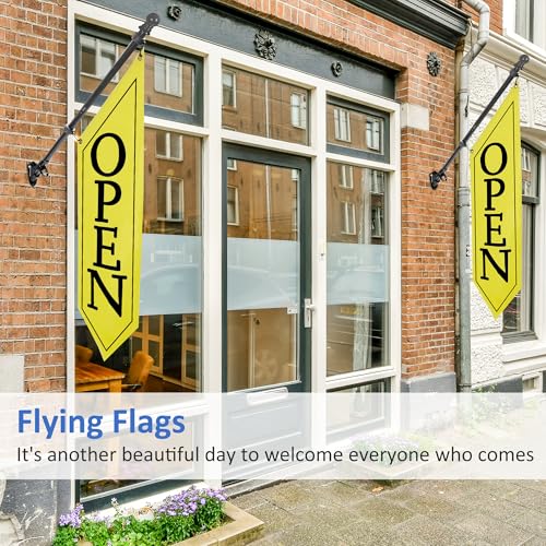 OPEN Flag with Pole Kit - Heavy Duty Canvas Open Banner for Business Storefront, 42x12 Inch Outdoor Double-Sided Sign with Bracket - Advertising Signage for Retail & Shops (White)