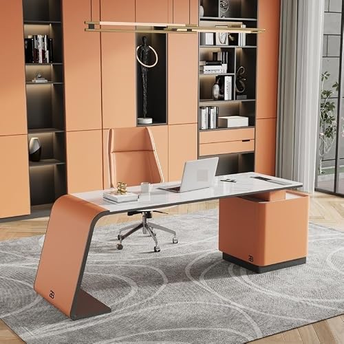 LINKIO Home Office Desks Orange Slate Desk Floor Mount Home Writing Desk Modern Desk 70 to 86 Inch Main Cabinet with 3 Drawers and Hidden Desktop Computer Computer Table Desk(A,180cm)