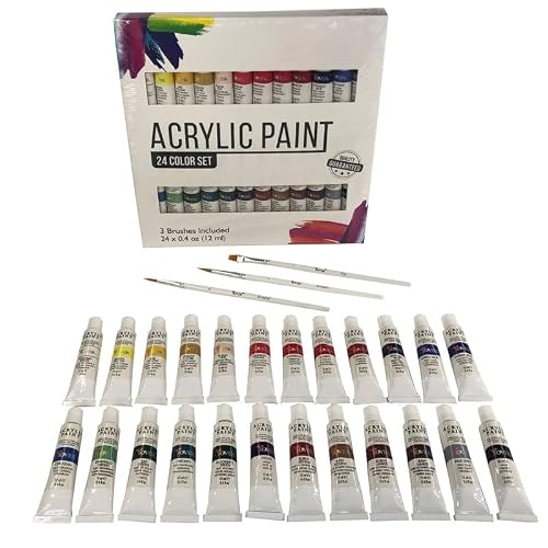 HBJWOV Art Painting Supplies Paints 24 Colors 12ML Acrylic +3 Brushes Set