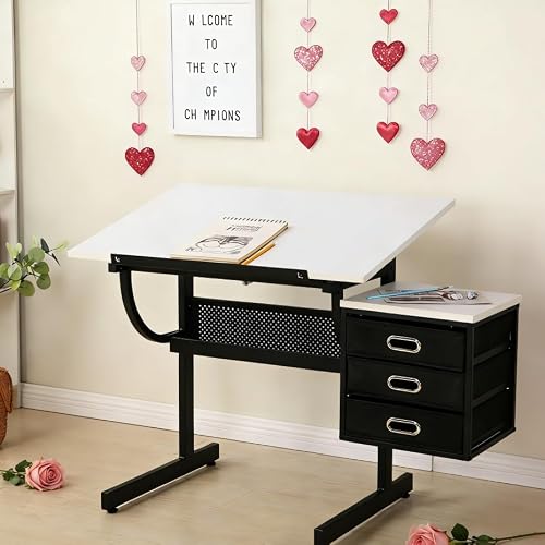 NestLude Adjustable Drafting Table with Stool, Tilting Art Desk with Storage Drawers for Home Office, Reading, Writing, Crafting. Perfect for Artists and Hobbyists (White)