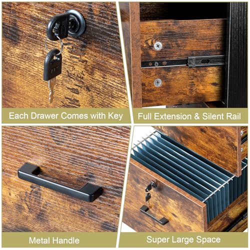 LOPUUFKJJ 2 Drawer Rolling Wood File Cabinet with Lock for Home Office Letter Size Filing Storage Mobile Brown Black