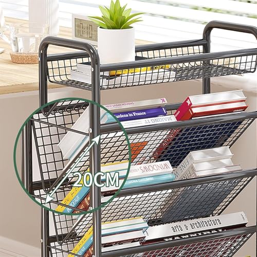NUHSLF Rolling Book Cart, Mobile Bookshelf with Wheels, Compact Desk Storage Organizer Trolley, Floor Standing Metal Bookshelves/Corner Display She(Black-5 Tier)