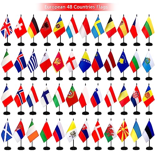 TSMD Europe European 48 Countries Desk Flags Set Small Mini Office Table Stick Flag with Stand Base for Classroom Decorations,5x8 Inch