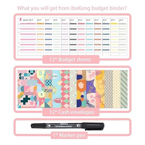 A6 PU Leather Budget Binder Notebook Money Envelopes Organizer for Cash Saving with Expense Sheets and Marker Pen(Black)