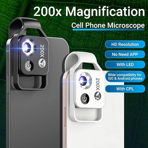 Microscope Accessories Kit 200X Digital Microscope for Phone Microscope Camera Electronic Magnifier Lens with 6 LED Lights Brightness Microscope Slides(Black Without CPL)