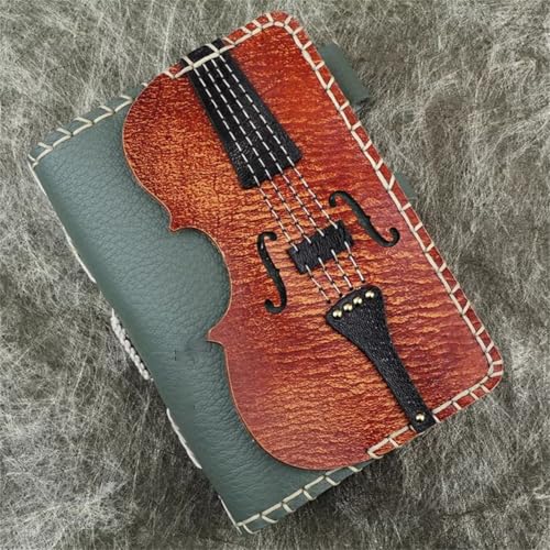 Violin Design Genuine Leather Binder Notebook, Top Layer Cowhide Handmade Journal, Vintage Loose-Leaf Planner with Multi-Pocket Organizer(A5)