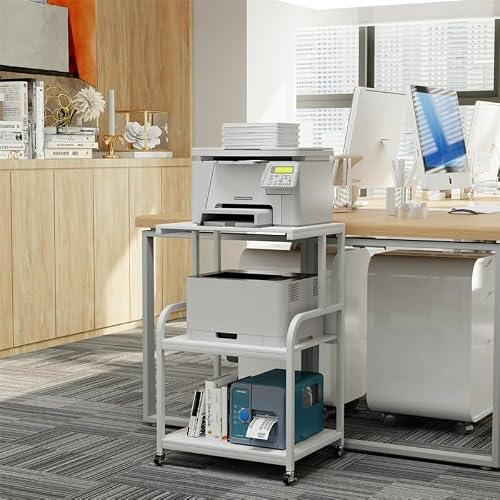 Printer Stand- Large 3 Tier Table 20" d X 15.7" w X30.2 h White Modern Contemporary Steel Finish Modular