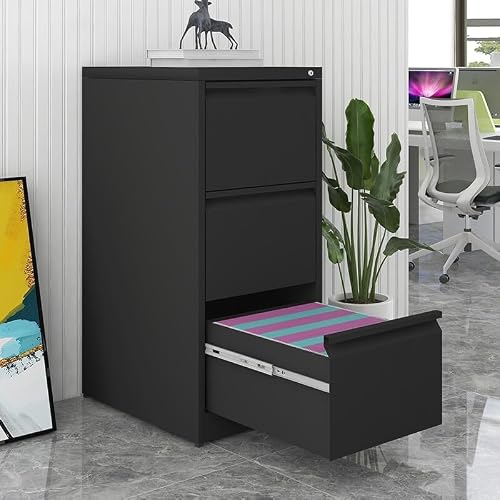 LALFPET Secure Vertical File Cabinet – 3 Drawer Black Metal Filing Cabinet with Lock, Durable Steel Construction, Space-Saving Under Desk Office Storage Organizer for Letter, A4, Legal Files