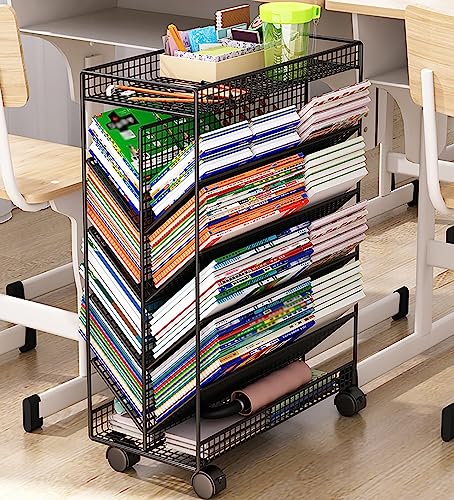 YHKJLYH 6 Tier V Shaped Rolling Book Cart with Lockable Wheels for Home Office Black Color Movable Desk Side Bookshelf for Library Bedroom Study Living Room