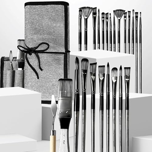 BXFIRS 24-Piece Set of Paintbrushes Nylon Oil Paint Brushes Canvas Brush Cover Wooden