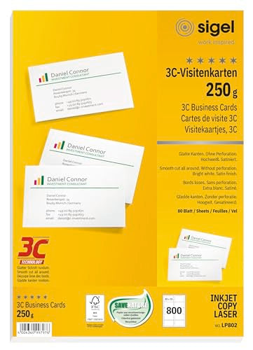 Sigel LP802 Business Cards, 3C, smooth cut all around, 168.9 lbs, bright white, 800 pcs.