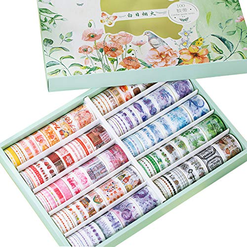 ZDOLAKIDS 100 Rolls Kawaii Washi Paper Masking Tape Set Marine Life Planet Cloud Green Plant Floral Food Drink Stickers DIY Label for Art Craft Scrapbooking Letter Card Gift Packing