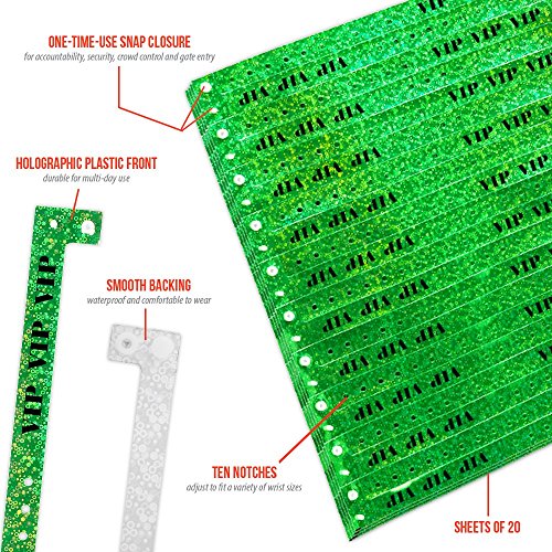 500 WristCo Premium Holographic Green VIP Plastic Secure Snap Wristbands