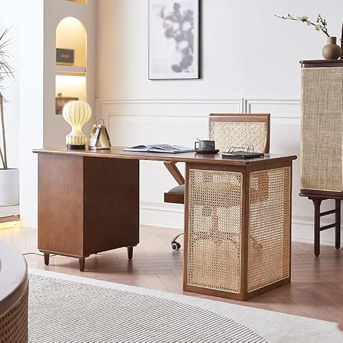 LINKIO Home Office Desks Home Desk Wooden Desk Living Room Bedroom Study Table Computer Table Rattan Computer Table Desk(160x80x75cm)