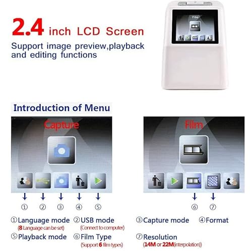 Negative Film Scanner, Digital Film & Slide Scanner, 2.4" LCD Screen, Converts 135 110 126 and Super 8 Films/Slides/Negatives to Digital JPEG Photos, Built-in 128MB Memory