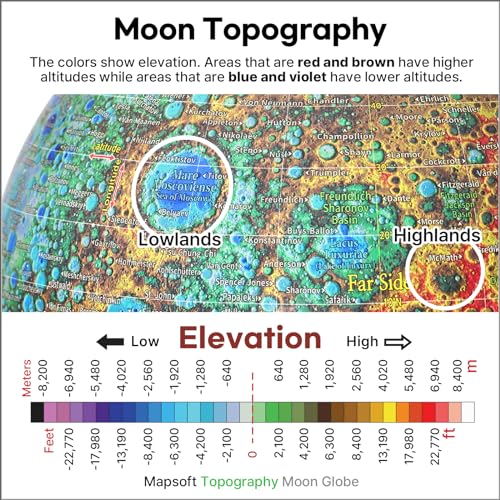 Mapsoft Guide Topography Moon Globe, 24cm/9.5″, MT-24, Lunar Globe, Moon Map, Moon Atlas, Moon Poster, The Moon, The Lunar, Lunar Map, Lunar Atlas, Astronomy Toys
