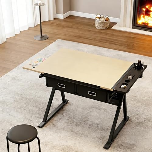 NestLude Adjustable Drafting Table with Stool, Tilting Art Desk with Storage Drawers for Home Office, Reading, Writing, Crafting. Perfect for Artists and Hobbyists (White Oak)