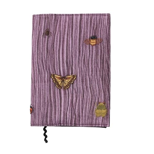 A6 Book Cover Adjustable Cotton Linen Sleeve with Embroidery Tree Bark Texture Journal Jacket Bee Beetle Art(Purple Blank)