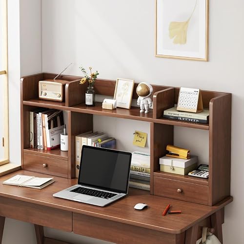 TBQATNTS Wooden Desk Bookshelf with Drawers, Multi-Layer Storage Hutch Organizer, Strong Load-Bearing Desktop Display Rack for Dorm Rooms, Study Desks, and Offices,Walnut,80 * 16 * 52cm