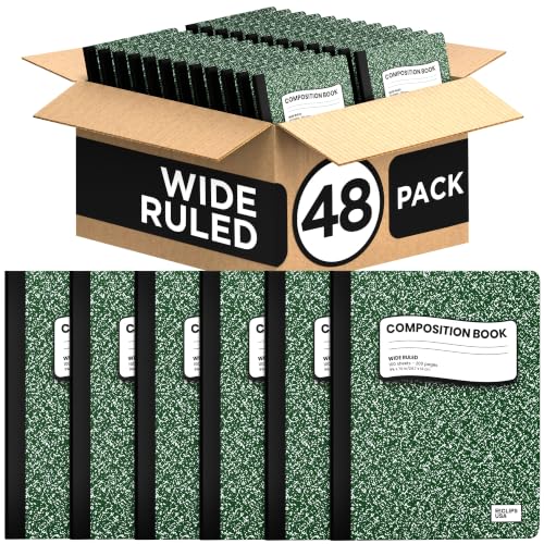 Composition Notebook Wide Ruled Composition Notebooks Bulk Green Marble Hard Cover Wide Ruled Notebook Paper Note Books For Schools Marble Composition Books 100 Sheets 200 Pages 9.75” x 7.25” (48 Pack, Green)