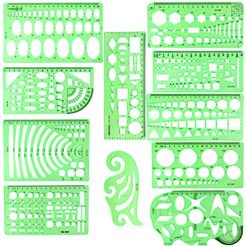 11‑Pc Geometric Drawing Template Set, Plastic Metric Drafting Stencil Tools(Green)