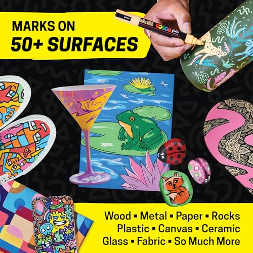 Posca Paint Art Markers, Set of 15 5M Medium Acrylic Markers with Reversible Tips, Artist Recommended Paint Pens for Gifts, Decorations, Fabric, Metal, Windows, Wood and Canvas