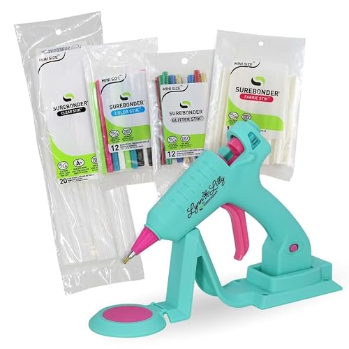 Surebonder Lynn Lilly Edition Cordless/Corded Mini Fine Tip Hot Glue Gun with All Purpose, Color, Glitter, and Fabric Glue Sticks - Blue