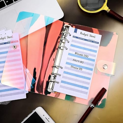 28 Pieces A6 Binder PVC Notebook Waterproof 6-Ring Cover with Pockets Budget Sheets Card Bag and Labels (Color : A Size : A6)