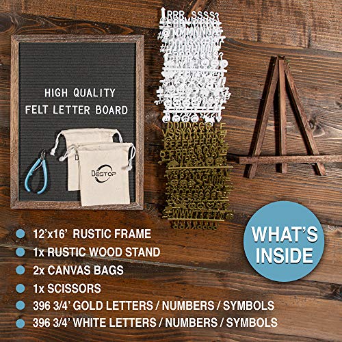 Felt Letter Board with Rustic Vintage Frame and Stand 12x16 inch,Grey Changeable Letter and Message Board Includes 792 Letters, Numbers and Symbols, Hook to Hang, 2 Canvas Bags