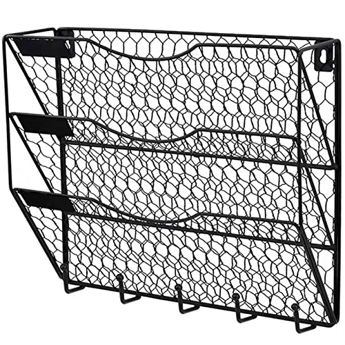 EliteBloom File Magazine Folder Holder File Rack 3-Layer Wall-Mounted File Folder with Hooks to Hang Mail Manager Metal Chicken Wire Wall-Mounted Magazine Rack File Holder Black File Organizer