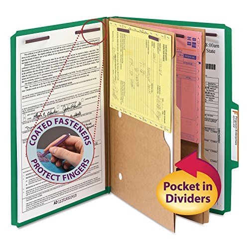 Smead 19083 Pressboard Folders with Two Pocket Dividers Legal Six-Section Green 10/Box