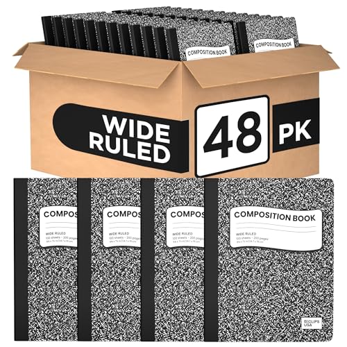Composition Notebook Wide Ruled Composition Notebooks Bulk Black Marble Hard Cover Wide Ruled Notebook Paper Note Books For Schools Marble Composition Books 100 Sheets 200 Pages 9.75” x 7.25” (48 Pack)