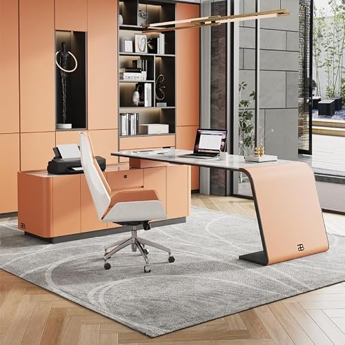 LINKIO Home Office Desks Orange Slate Desk Floor Mount Home Writing Desk Modern Desk 70 to 86 Inch Main Cabinet with 3 Drawers and Hidden Desktop Computer Computer Table Desk(A,180cm)