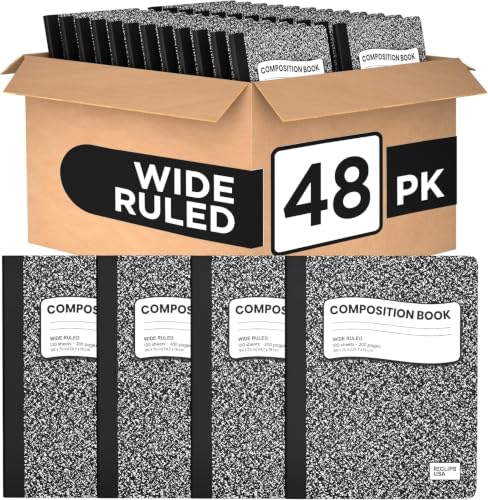 E-CLIPS USA Composition Notebooks Wide Ruled Composition Notebook Black Marble Composition Notebook 100 sheets 200 Pages (Black 48 Pack)