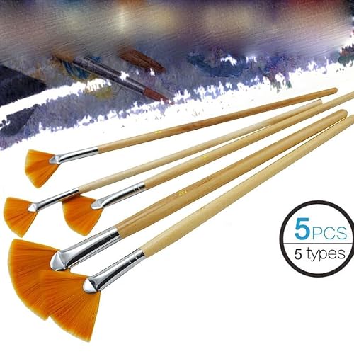 UOHLCX HBJWOV 5 Pcs/Set Long Handle Nylon Fan Shape Paint Brushes Set for Watercolor Oil Acrylic Gouache Painting Art Supplies