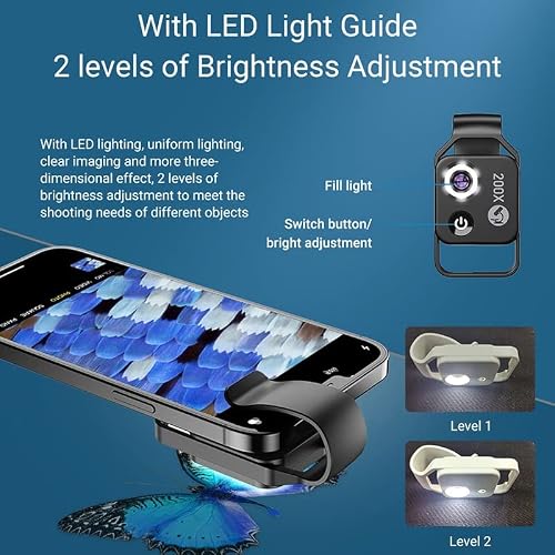 Microscope Accessories Kit 200X Digital Microscope for Phone Microscope Camera Electronic Magnifier Lens with 6 LED Lights Brightness Microscope Slides(Black Without CPL)